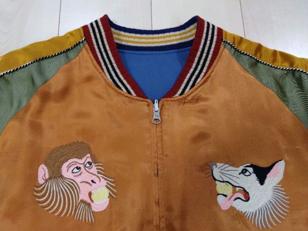 フェローズ匠 スカジャン【鬼ヶ島】サテン（オレンジ/グラス/ゴールド）中綿入り