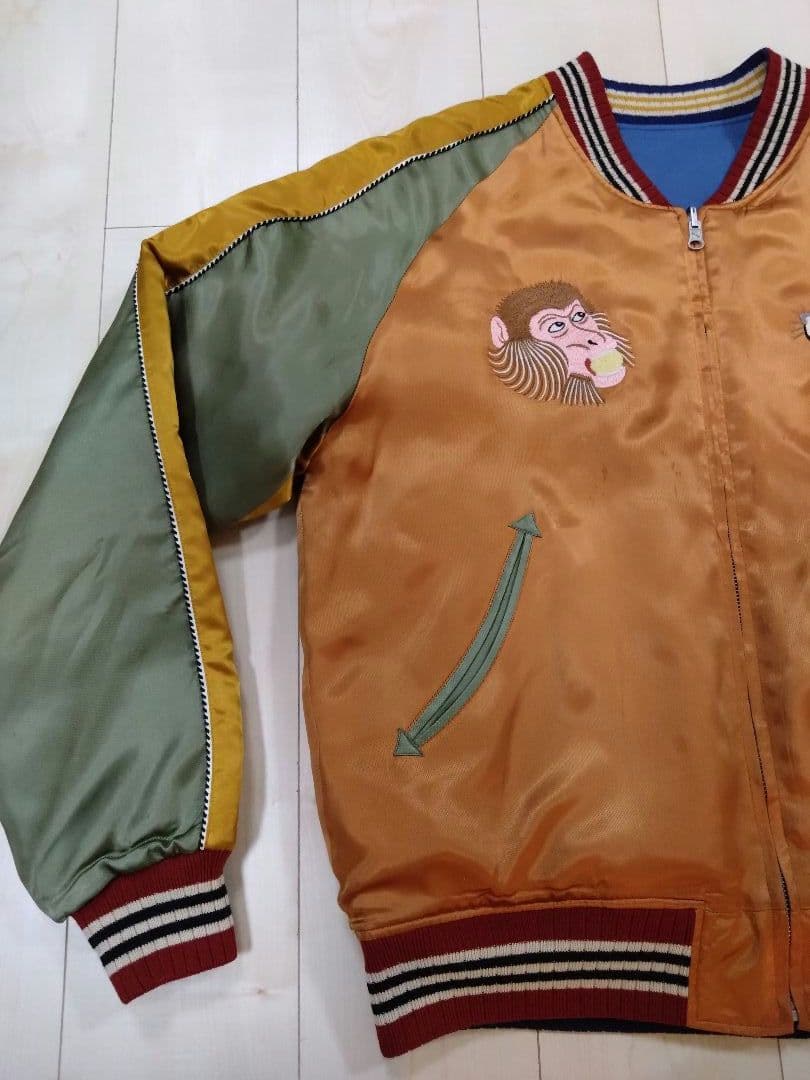 フェローズ匠 スカジャン【鬼ヶ島】サテン（オレンジ/グラス/ゴールド）中綿入り