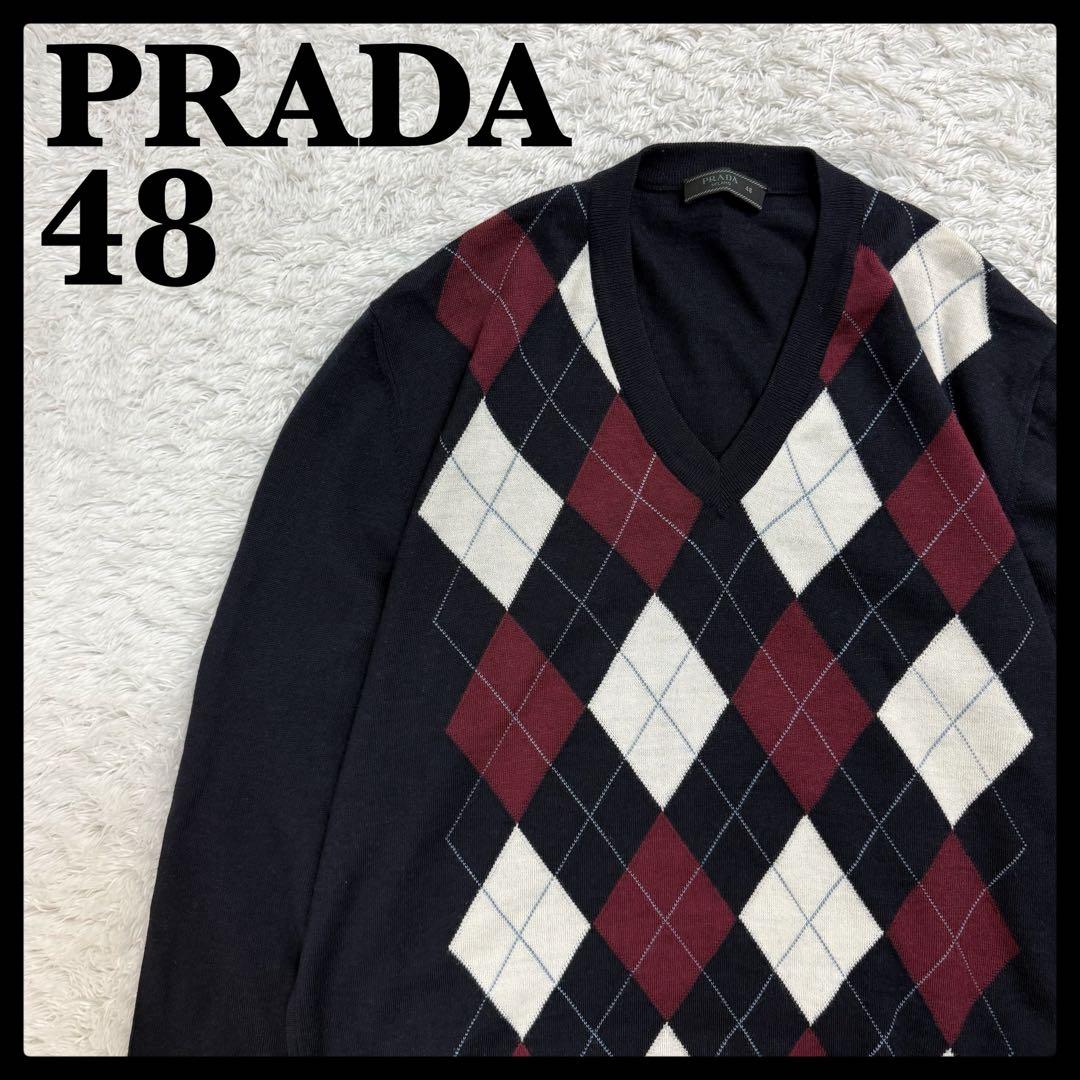 394【美品・48サイズ】プラダ☆アーガイル柄Vネックニット セーター 市川隼基