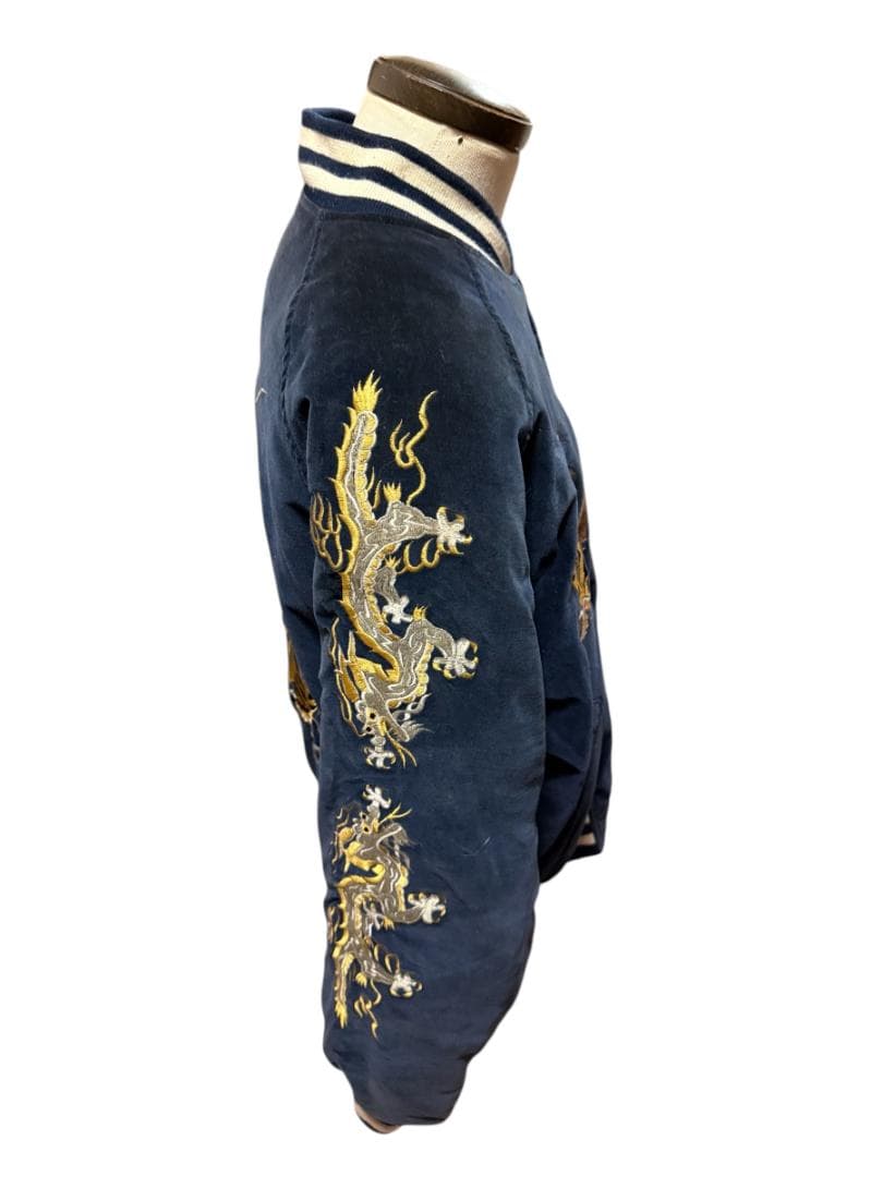 【豪華刺繍】別珍 スカジャン L 龍 虎 脇龍 ネイビー 中綿キルティング