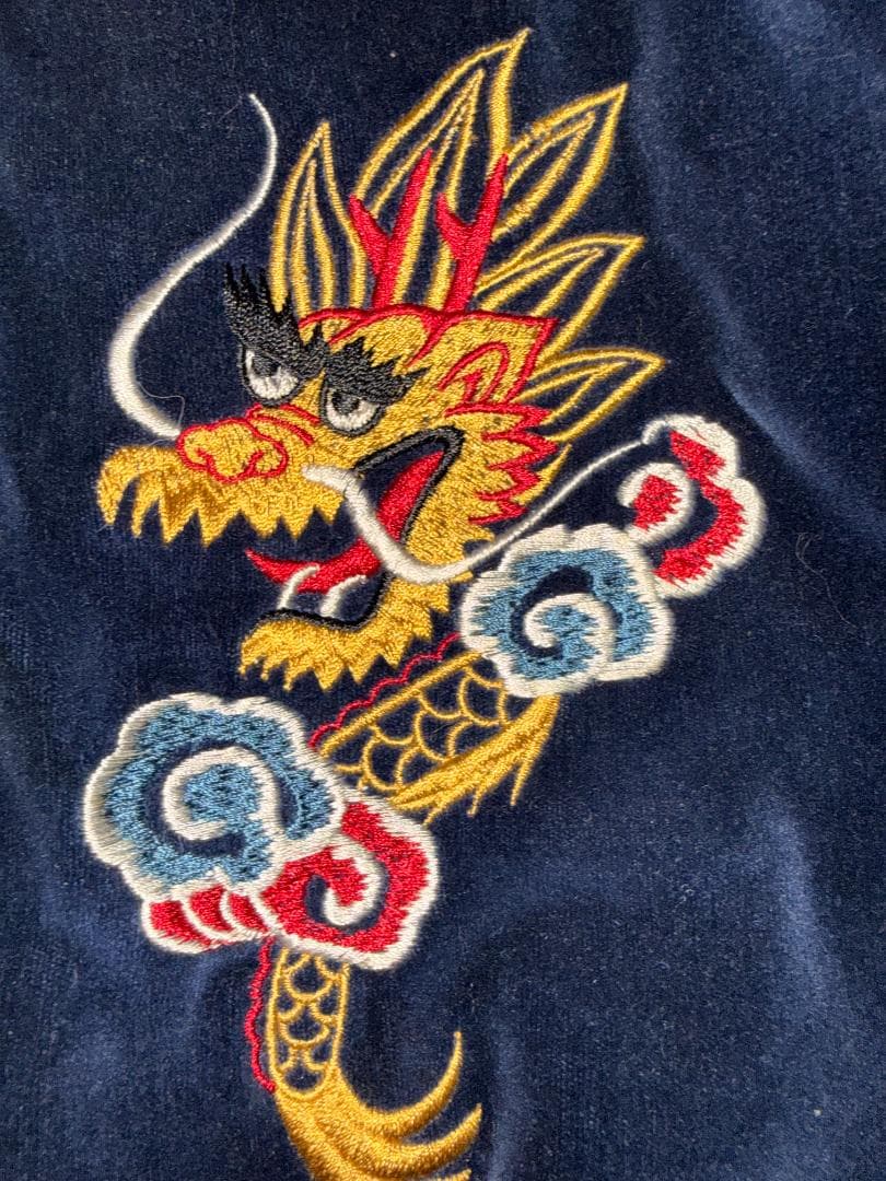 【豪華刺繍】別珍 スカジャン L 龍 虎 脇龍 ネイビー 中綿キルティング