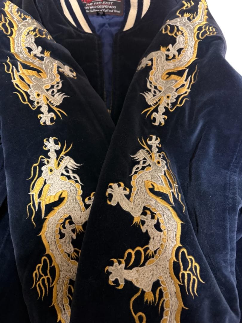 【豪華刺繍】別珍 スカジャン L 龍 虎 脇龍 ネイビー 中綿キルティング