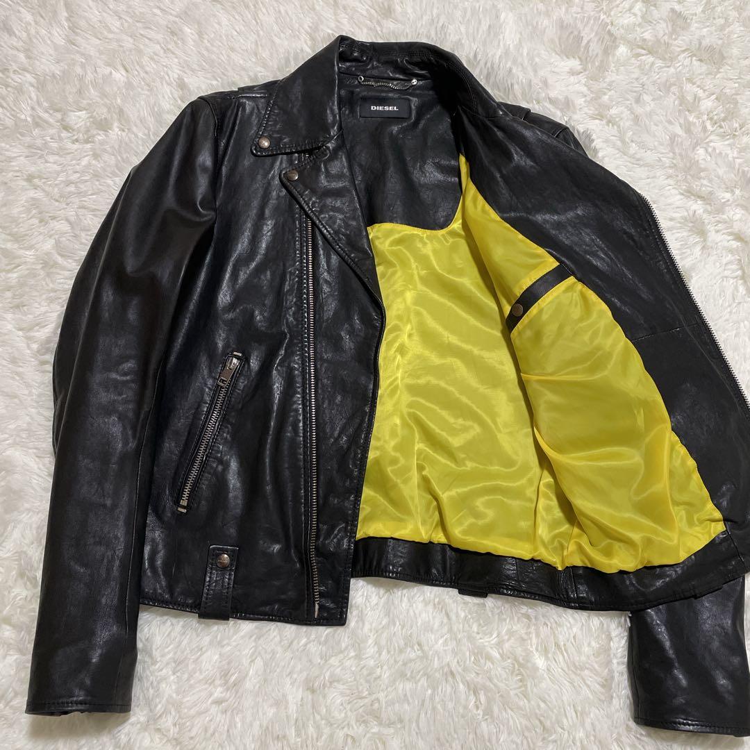DIESEL ライダースジャケット　ダブル　羊革　黒　インポート　XL 背中刺繍