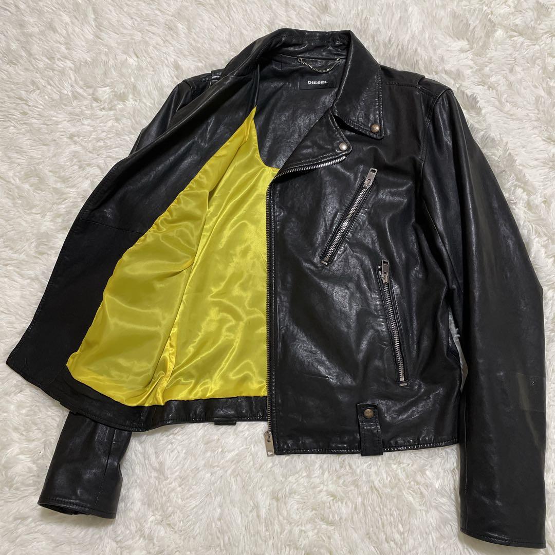 DIESEL ライダースジャケット　ダブル　羊革　黒　インポート　XL 背中刺繍