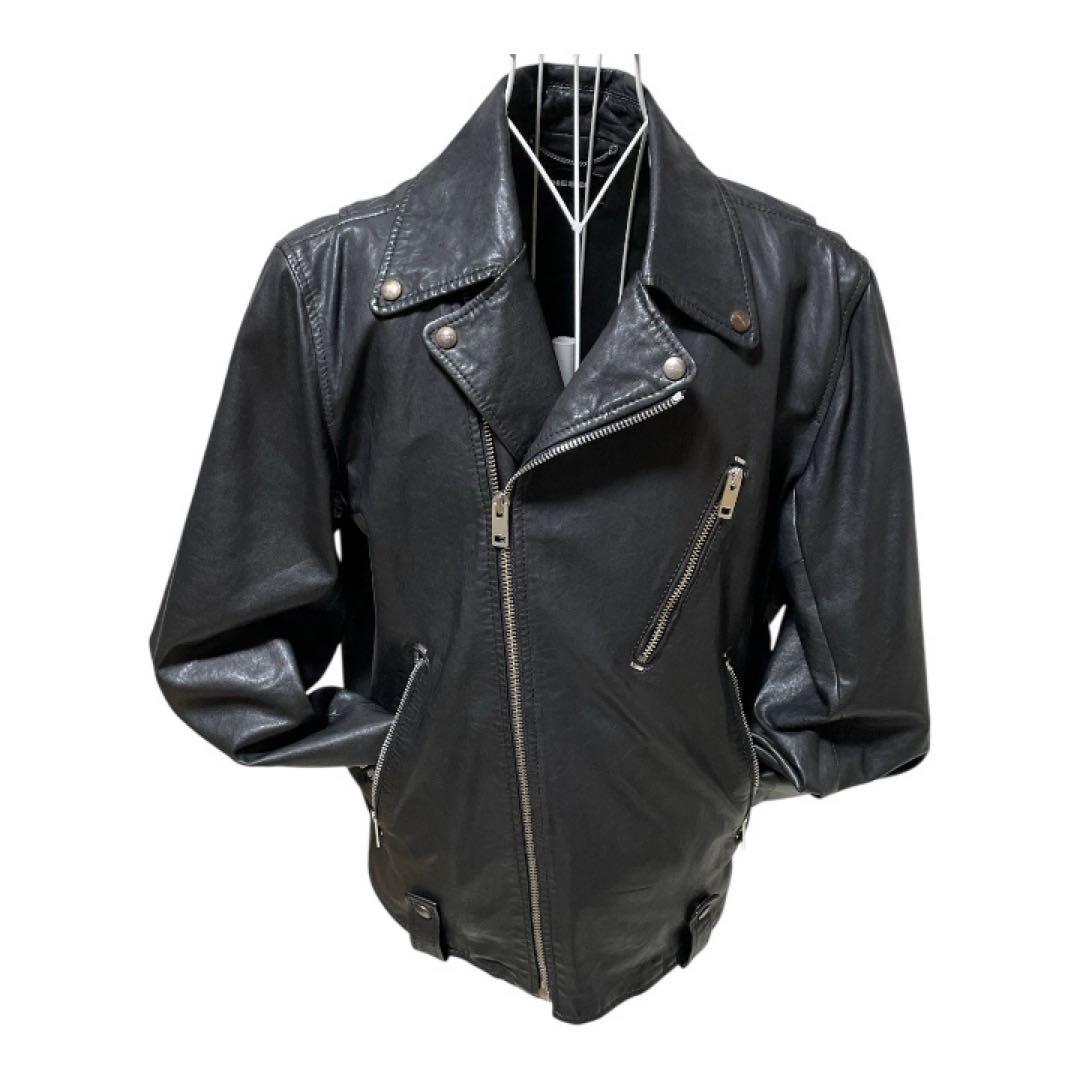 DIESEL ライダースジャケット　ダブル　羊革　黒　インポート　XL 背中刺繍