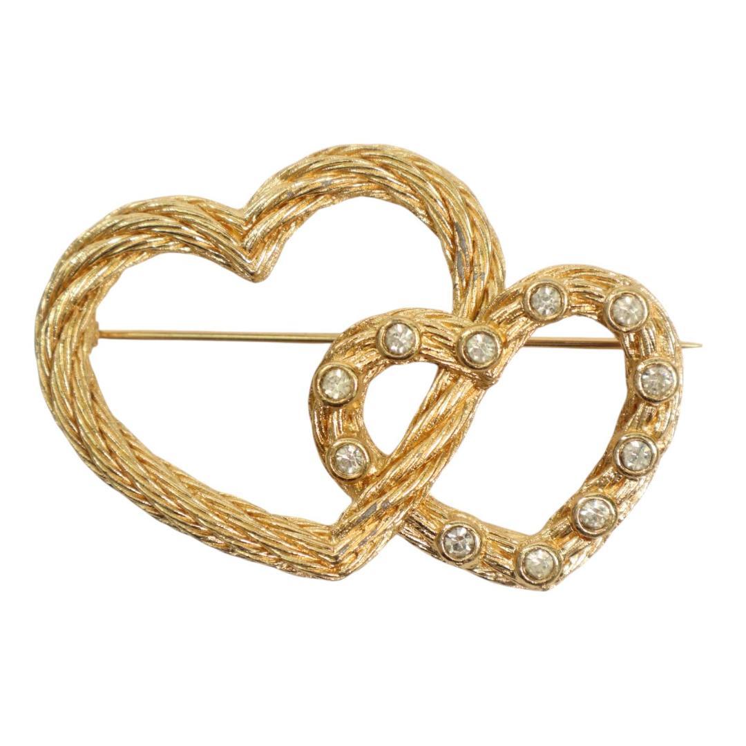 クリスチャンディオール　ダブルハート　ブローチ ゴールド　ラインストーン