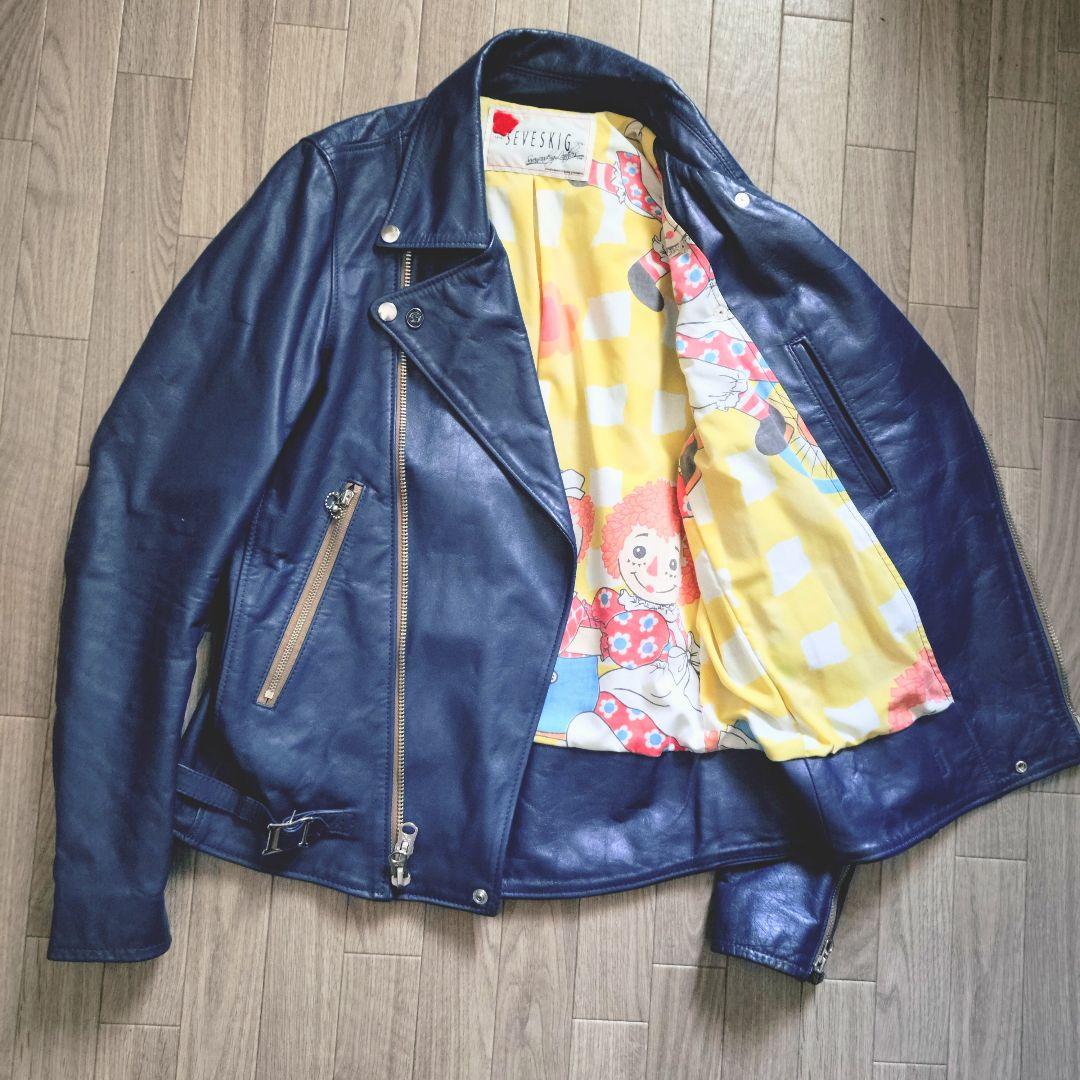 希少 SEVESKIG 一点物 ブルー ライダース ダブル 裏地総柄 L