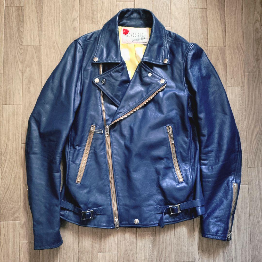 希少 SEVESKIG 一点物 ブルー ライダース ダブル 裏地総柄 L