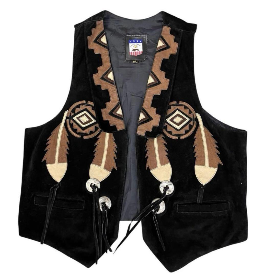 USA製 メキシカン 本革 スエード 黒 レザーベスト コンチョ × フリンジ