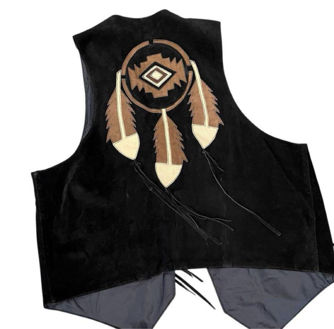 USA製 メキシカン 本革 スエード 黒 レザーベスト コンチョ × フリンジ