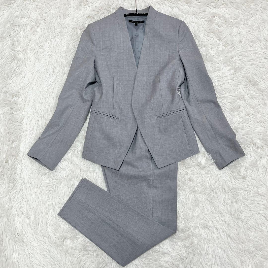 【美品】　セオリー　LANAI　TAILOR　パンツスーツ　ノーカラー　グレー