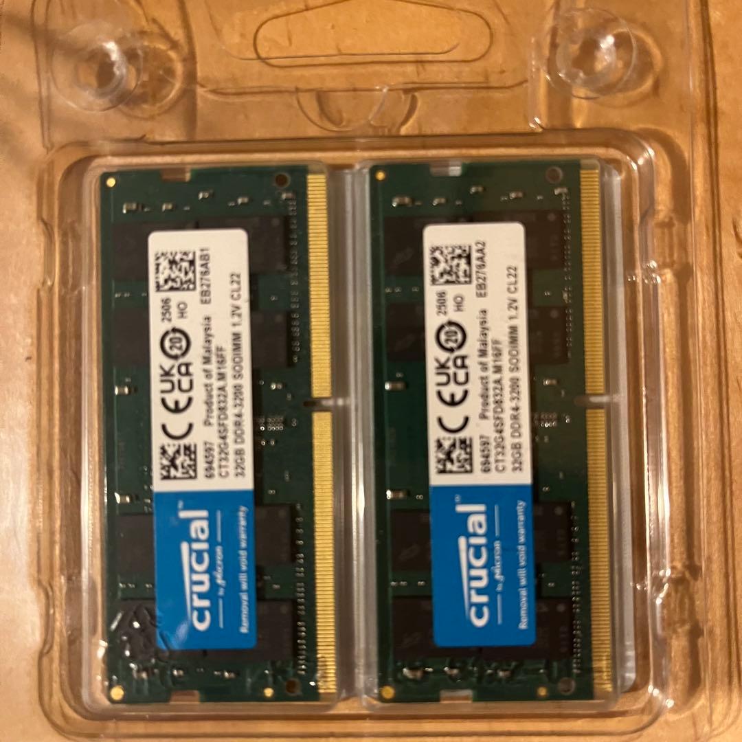 Crucial 増設メモリ32GBx2枚ノート用DDR4-3200 SODIMM