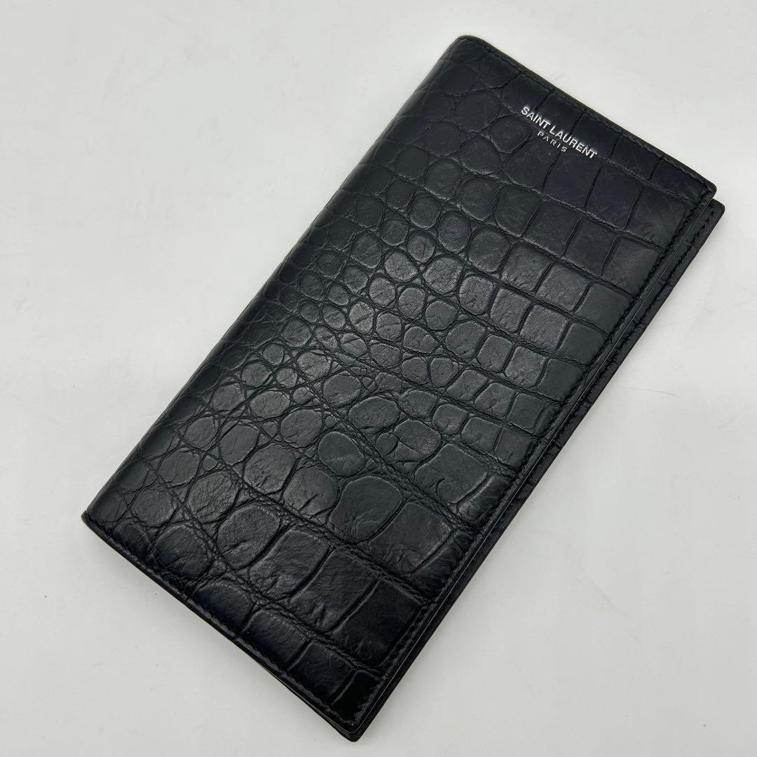 【美品】サンローラン 長財布 黒 クロコ型押し レザー ロゴ刻印