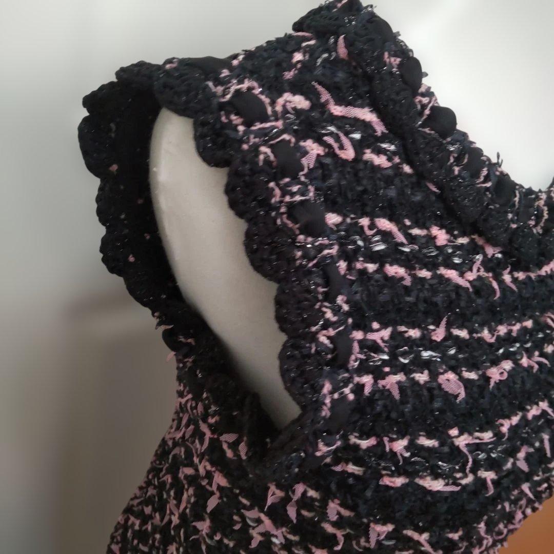 Rene ノースリーブツィードニットワンピース 黒とピンクツイード 34