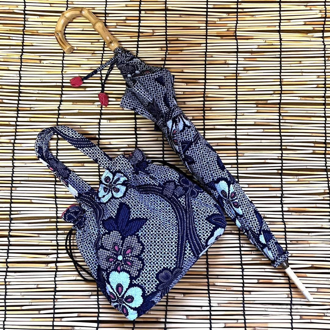 着物リメイク＊手作りおしゃれ日傘とお揃い巾着トート＊木綿 絞り花柄