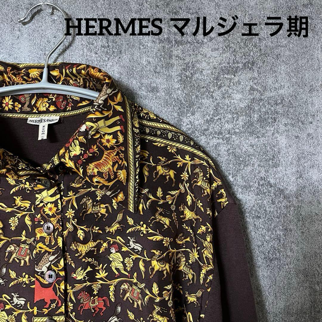 美品 HERMES シルク100 マルジェラ期 スカーフ柄 異素材 シャツ