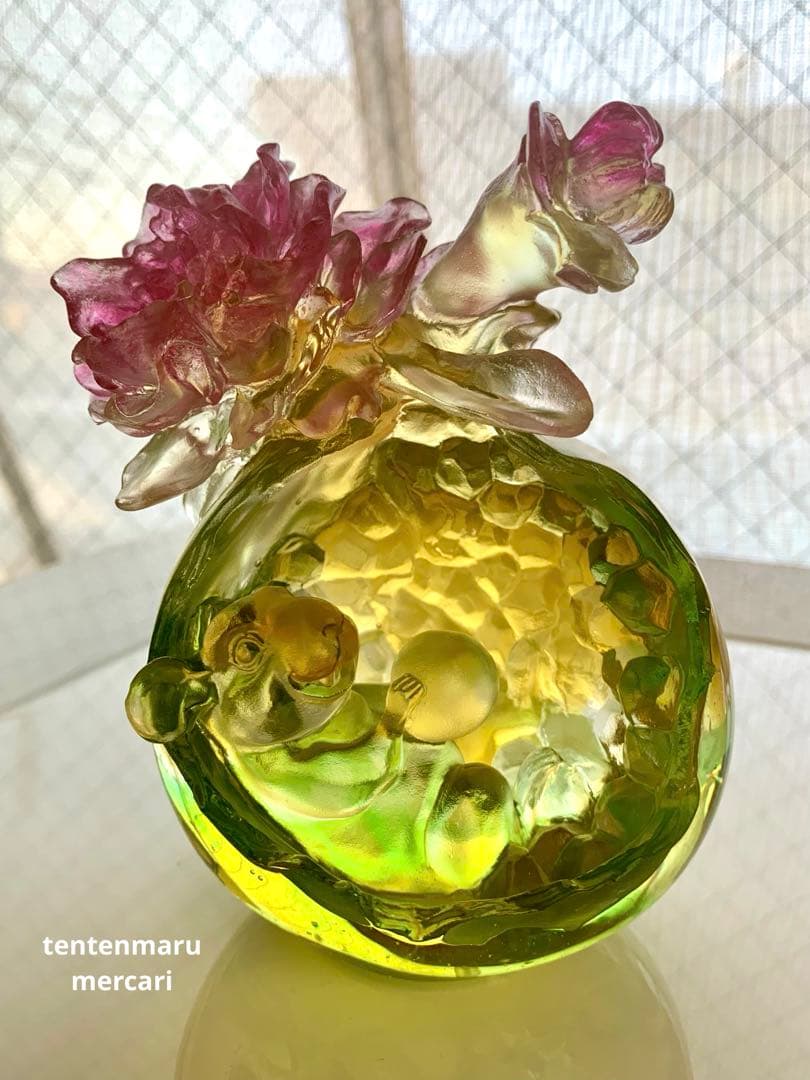 リ*ー様 琉璃工房 ☆ ガラスオブジェ ☆ ネズミとお花モチーフ ☆ 美品