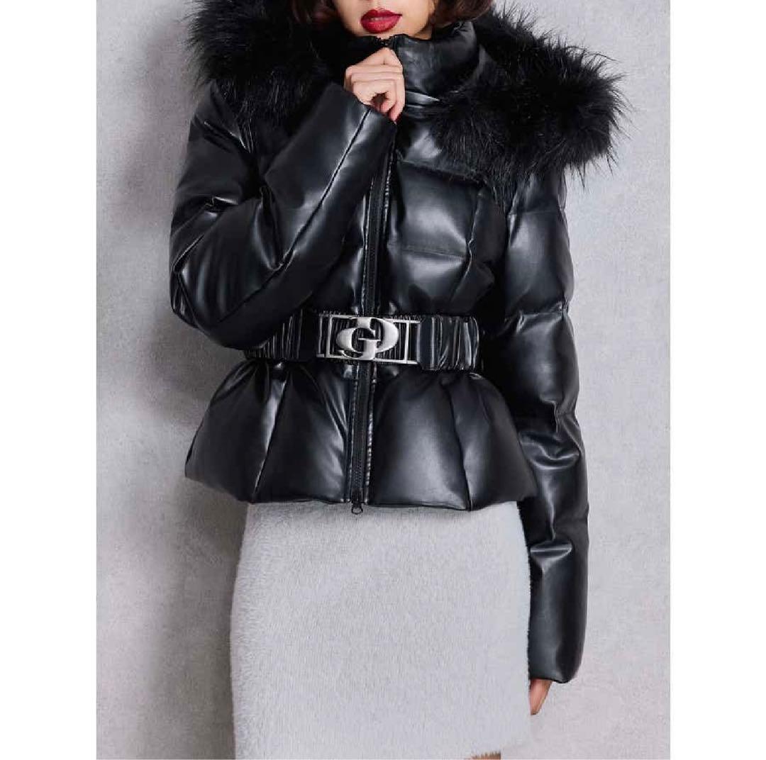 GYDA ベルト付きフェイクレザーショートダウンコート