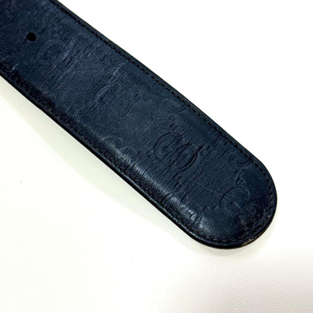 GUCCI インターロッキング シマレザーベルト GG柄 ゴールド金具 ブラック