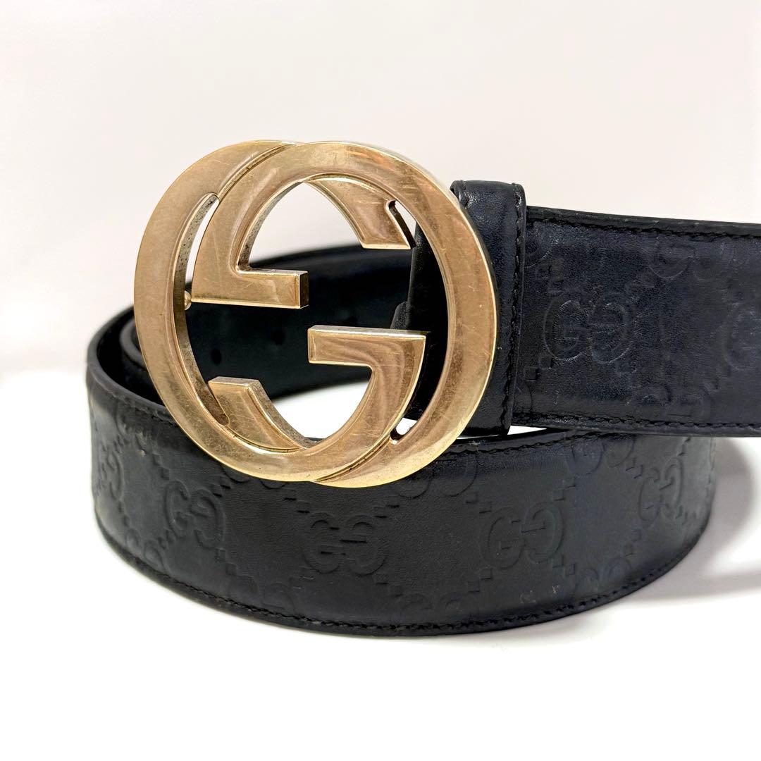 GUCCI インターロッキング シマレザーベルト GG柄 ゴールド金具 ブラック
