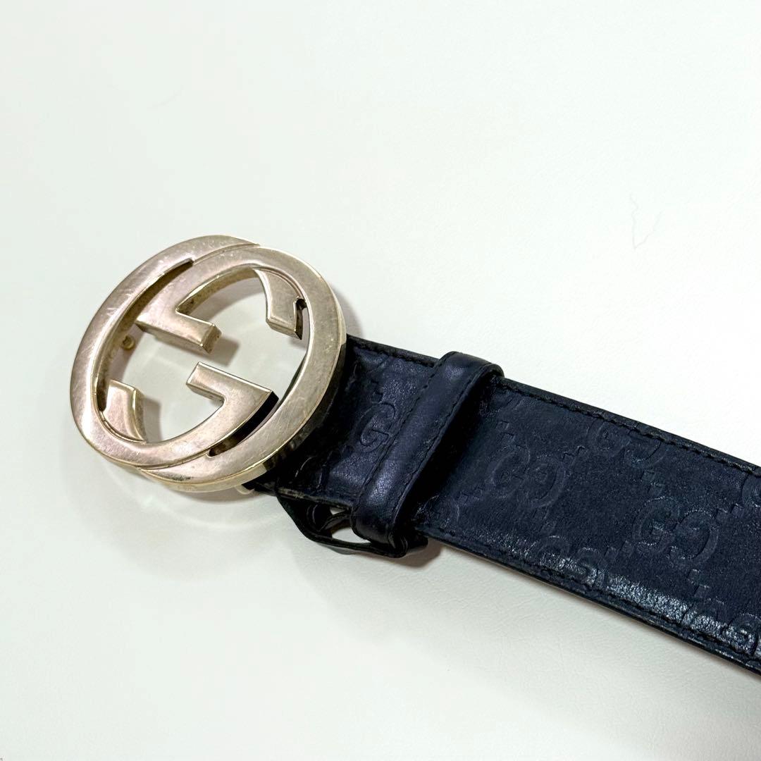 GUCCI インターロッキング シマレザーベルト GG柄 ゴールド金具 ブラック