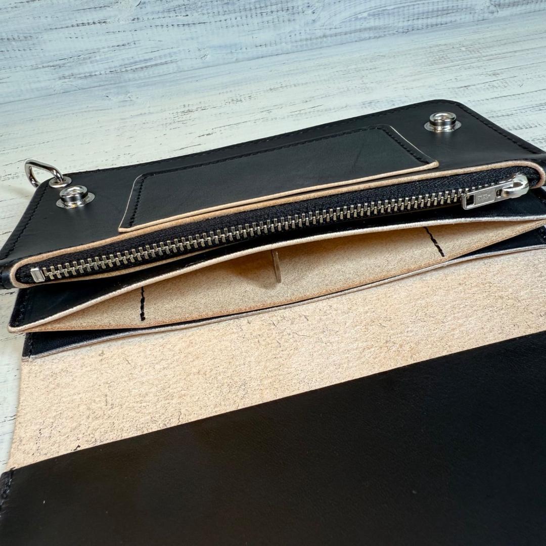 【トラッカーウォレット ロング 3層】 ブラック 姫路レザー シルバー YKK