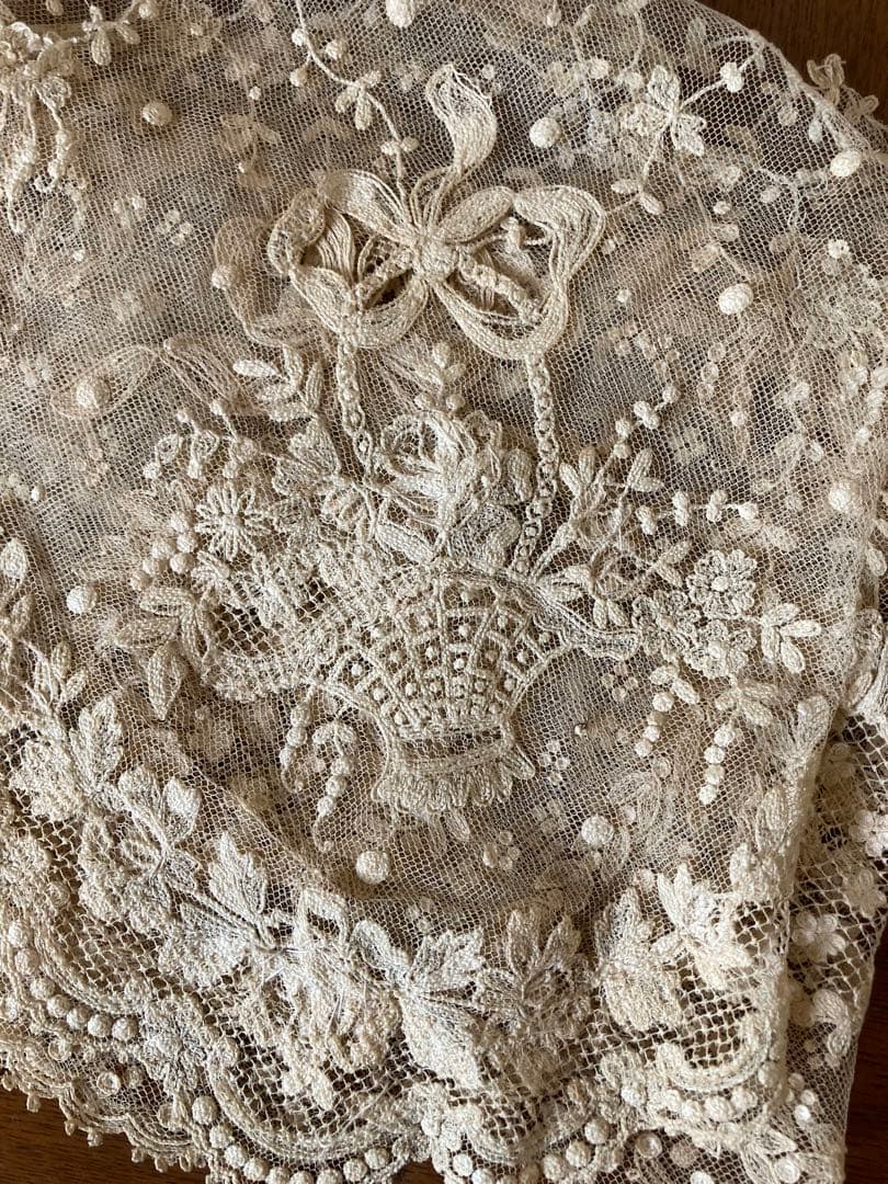 フランス アンティーク薔薇の花かご ウエディング用 チュールレース 立体の花びら