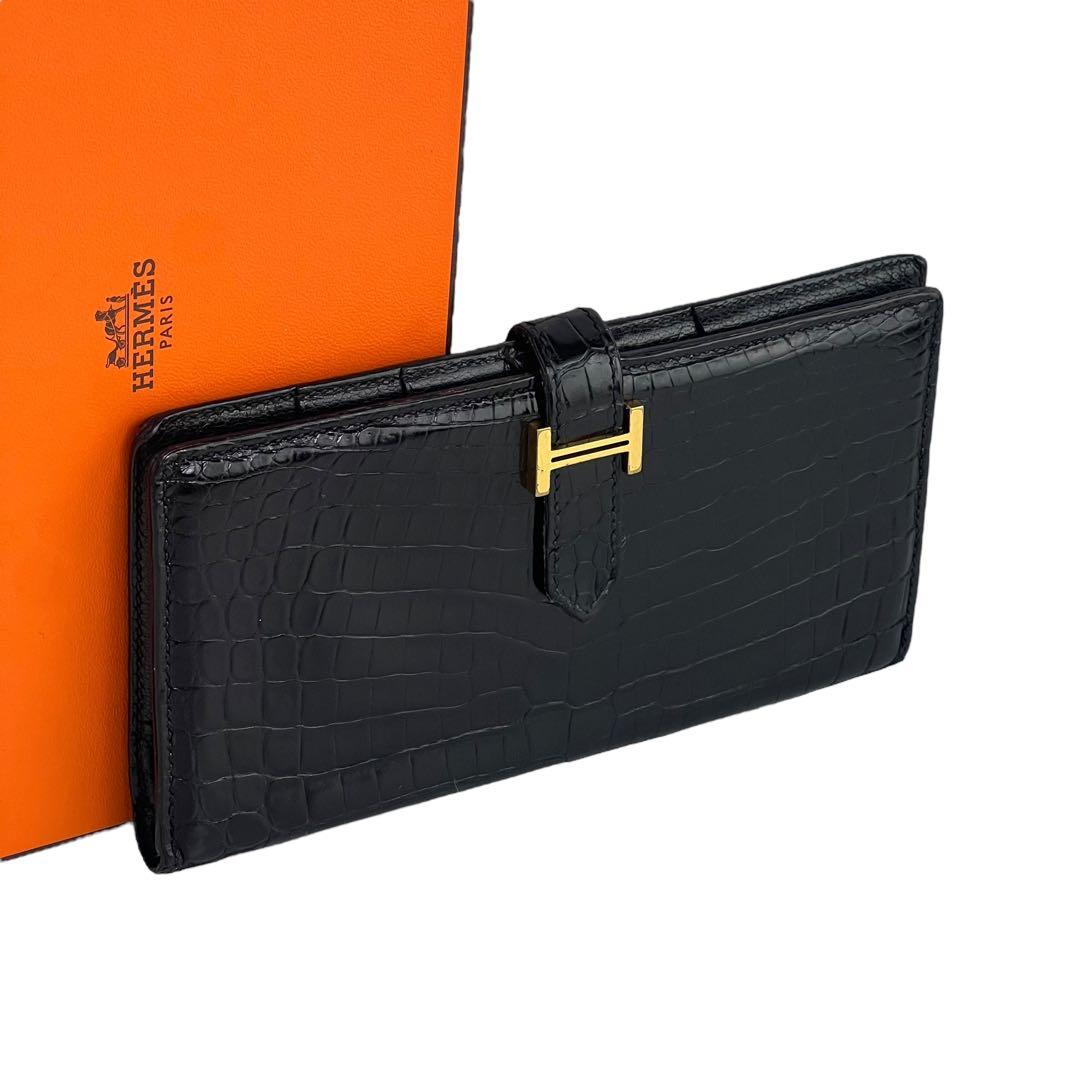 【美品】エルメス　クロコダイル　ベアン　長財布　黒　ブラック　レザー　お札