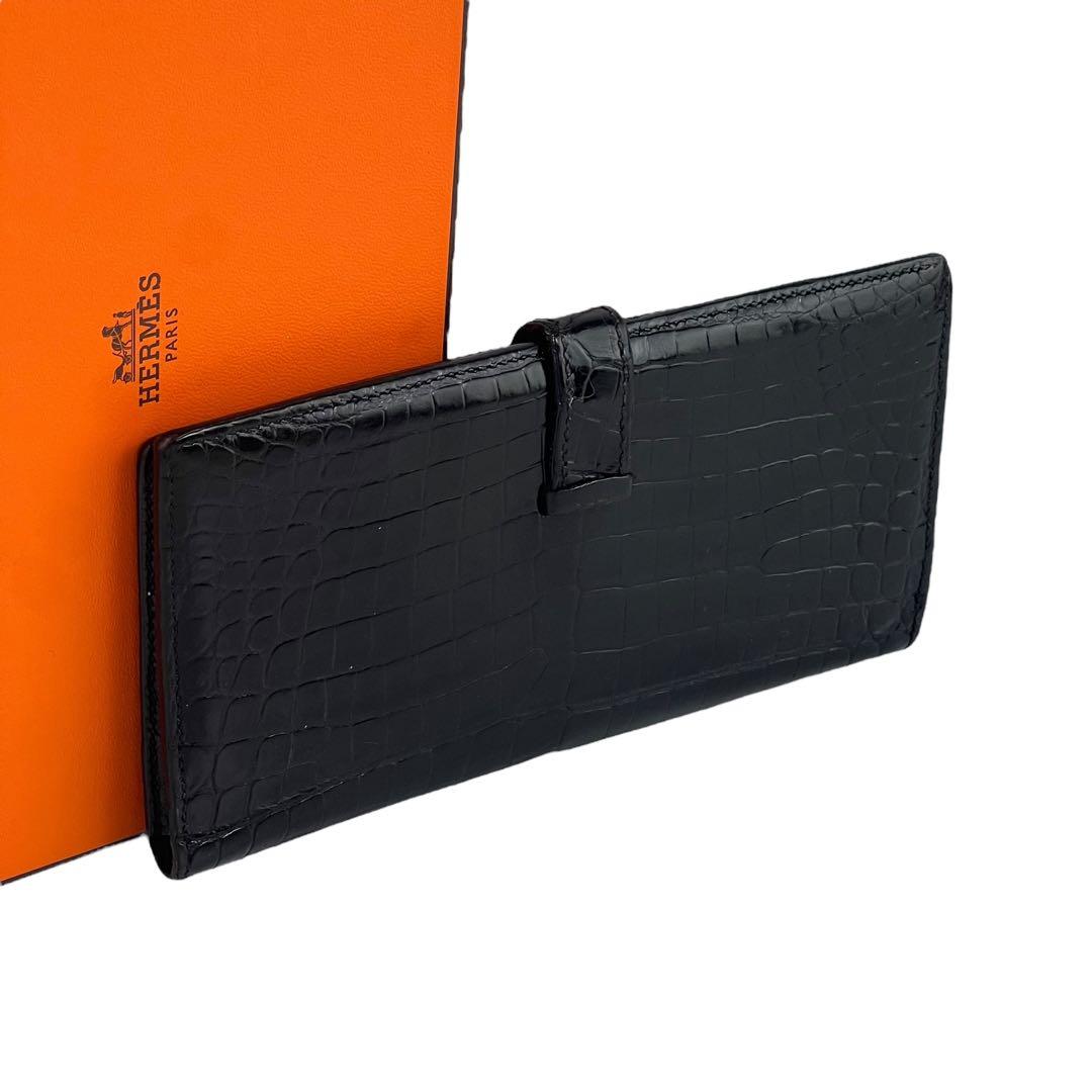 【美品】エルメス　クロコダイル　ベアン　長財布　黒　ブラック　レザー　お札