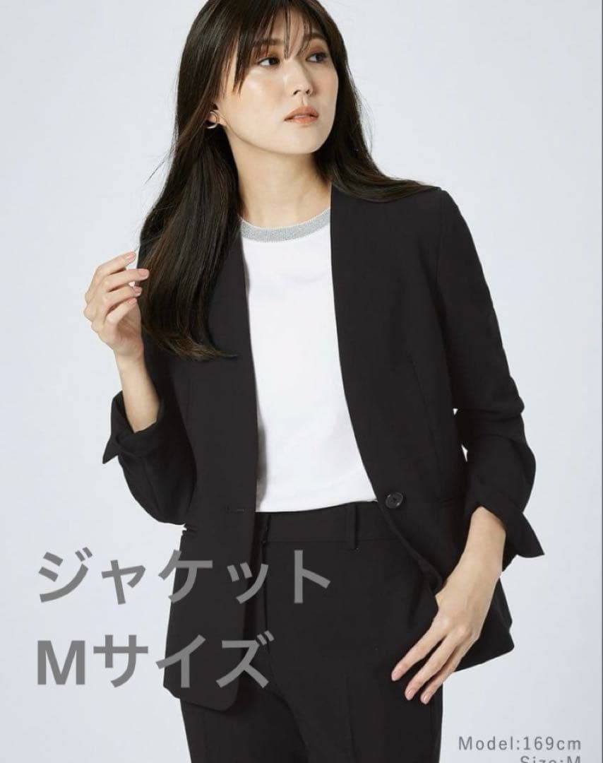 美品PLST プラステ ノーカラージャケットパンツスーツ M S 黒 フォーマル