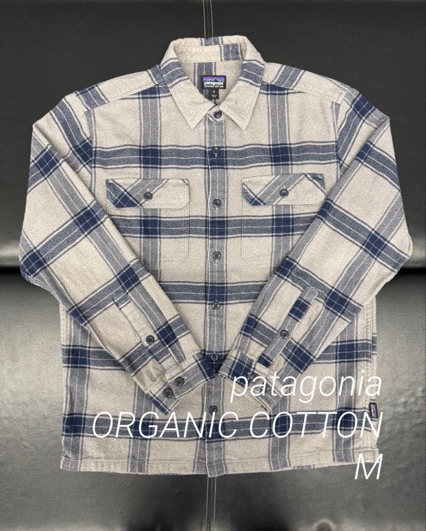 patagonia グレー/ネイビー M 厚めのネルシャツ オーガニックコットン