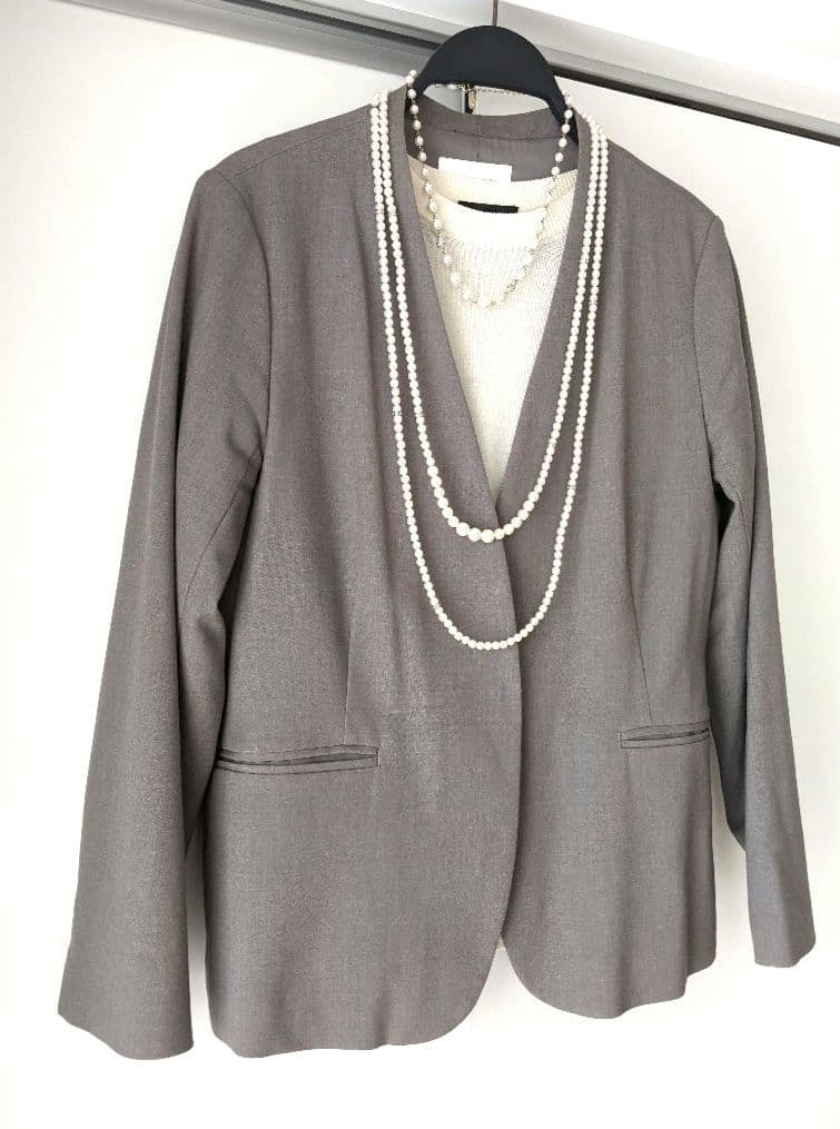 GLOBAL WORKノーカラー　パンツ　スーツ ウエストゴム　ブラウン系　XL