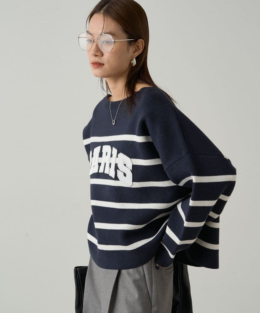 【LOUNGEDRESS】ボーダーロゴニット　ネイビー