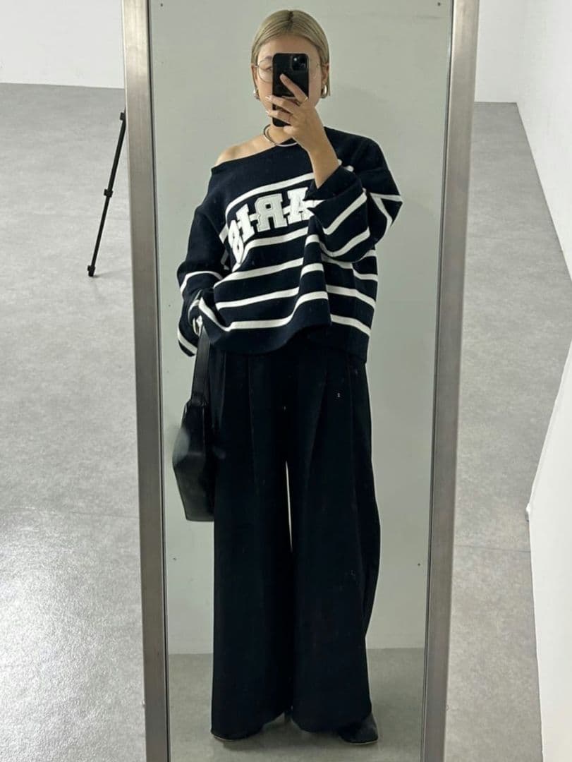 【LOUNGEDRESS】ボーダーロゴニット　ネイビー