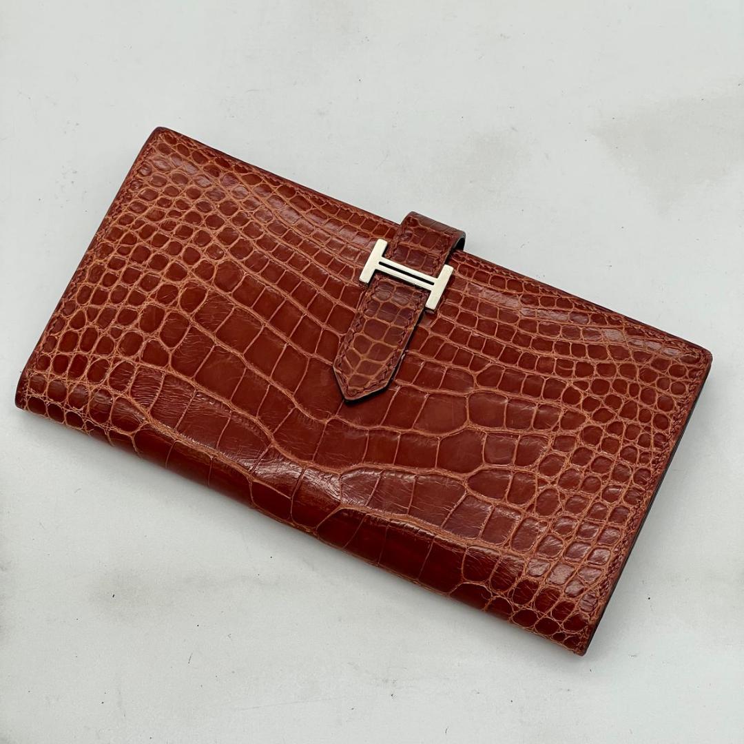 エルメス ベアンスフレ アリゲーター ブラウン □Q 長財布 ビジネス クロコ