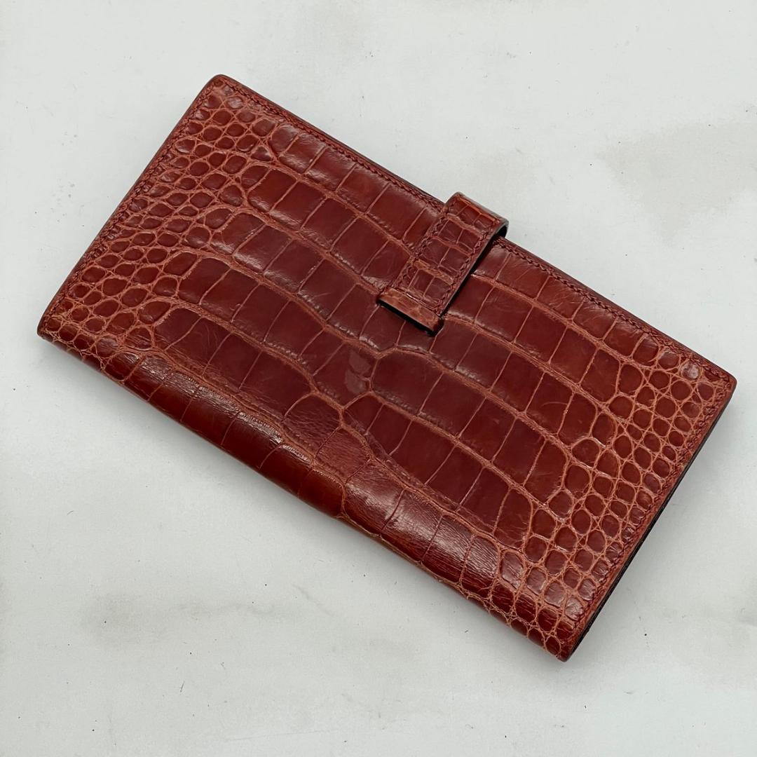 エルメス ベアンスフレ アリゲーター ブラウン □Q 長財布 ビジネス クロコ