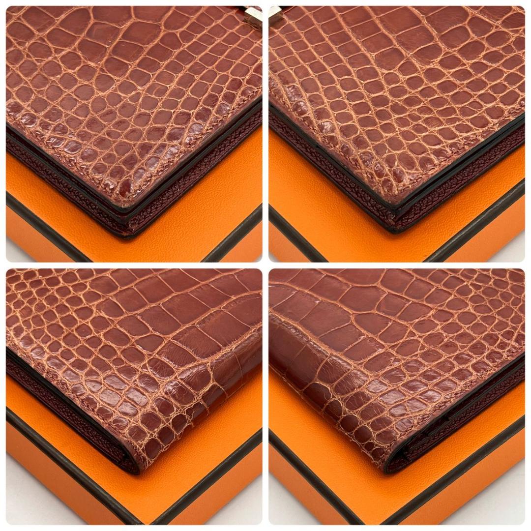 エルメス ベアンスフレ アリゲーター ブラウン □Q 長財布 ビジネス クロコ