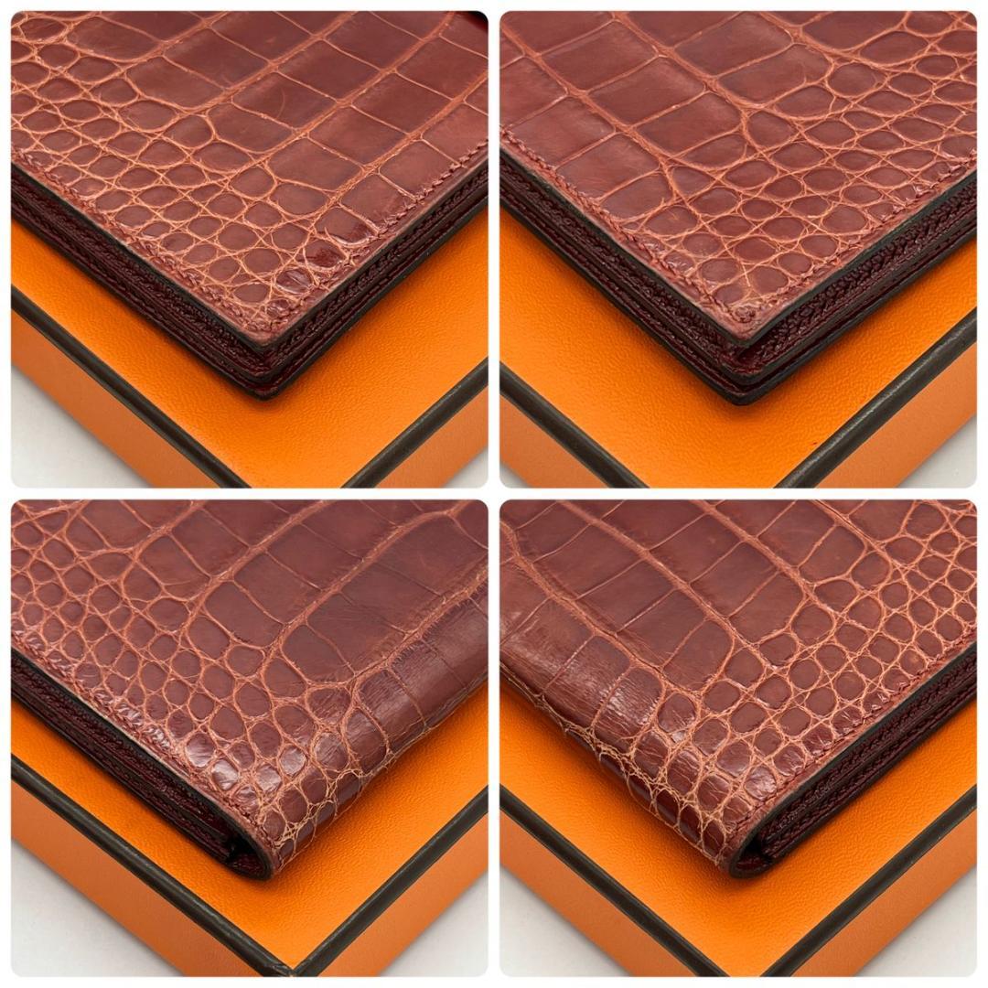 エルメス ベアンスフレ アリゲーター ブラウン □Q 長財布 ビジネス クロコ