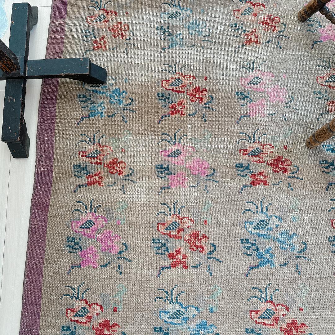 トルコヴィンテージラグ A73 大判 高級 レア グレージュ ピンク ブルー