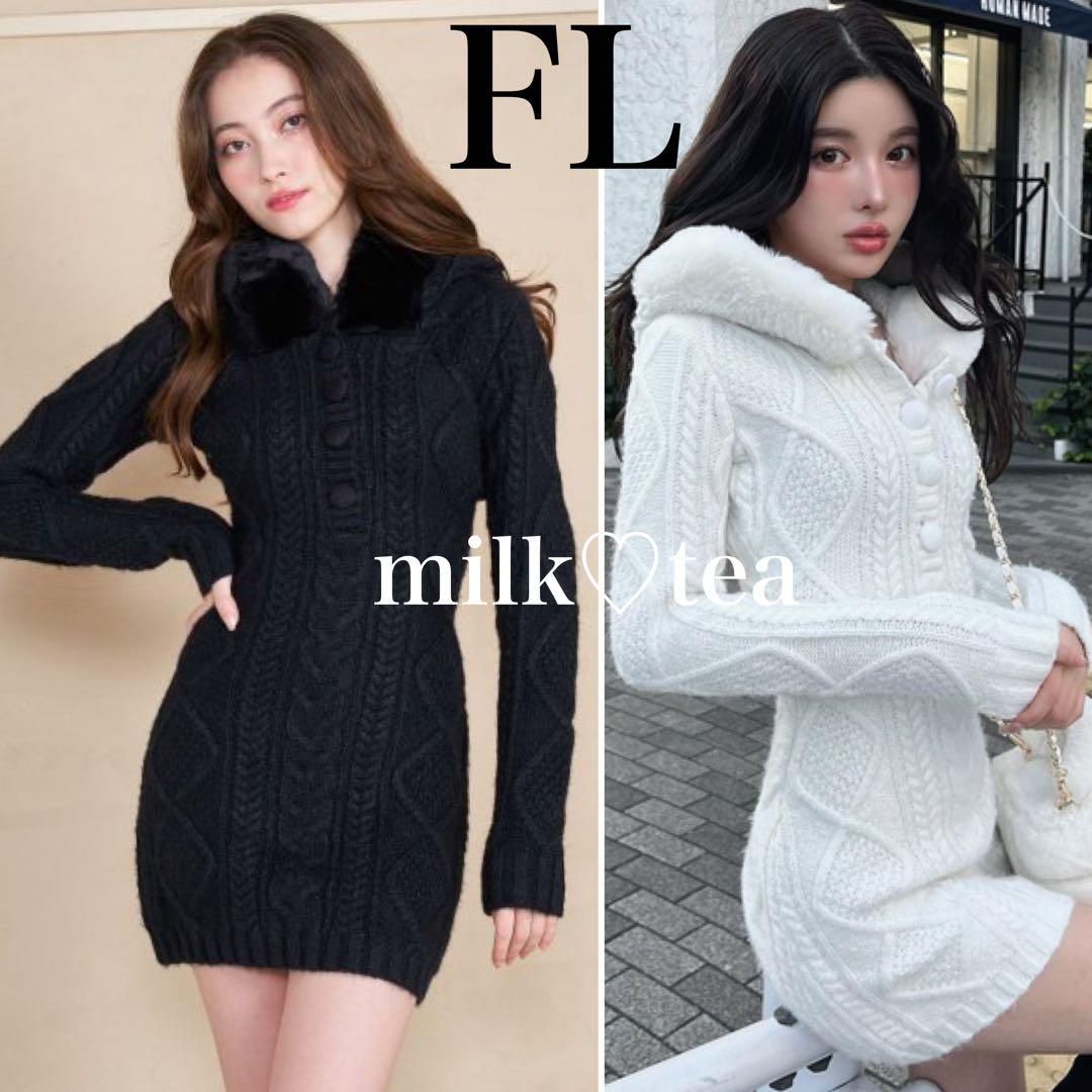 新品タグ付 ダーリッチ フードファーケーブルニットミニワンピース ブラック FL