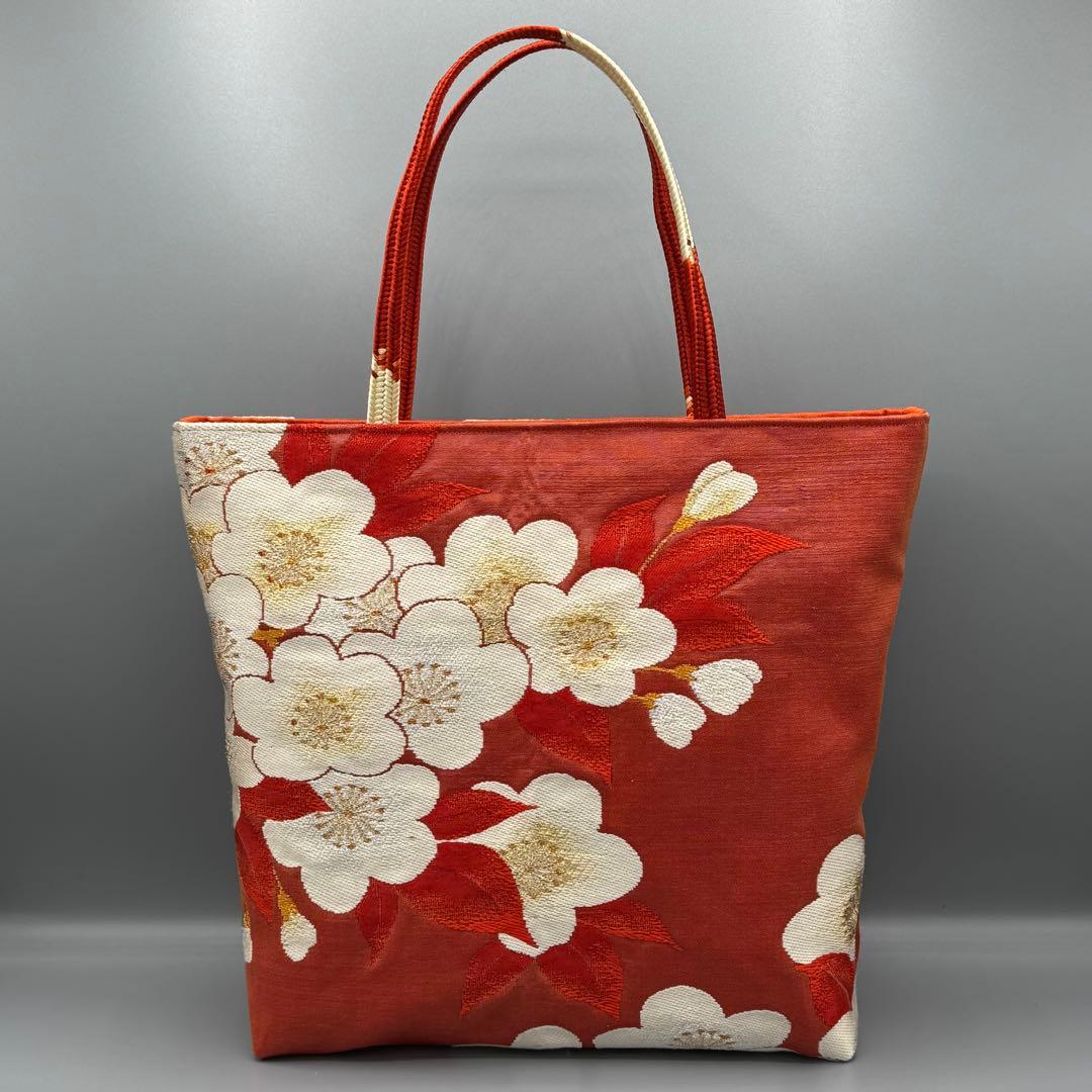 【おまとめ専用】帯 リメイク トートバッグ 赤 梅 /シルバー 鶴