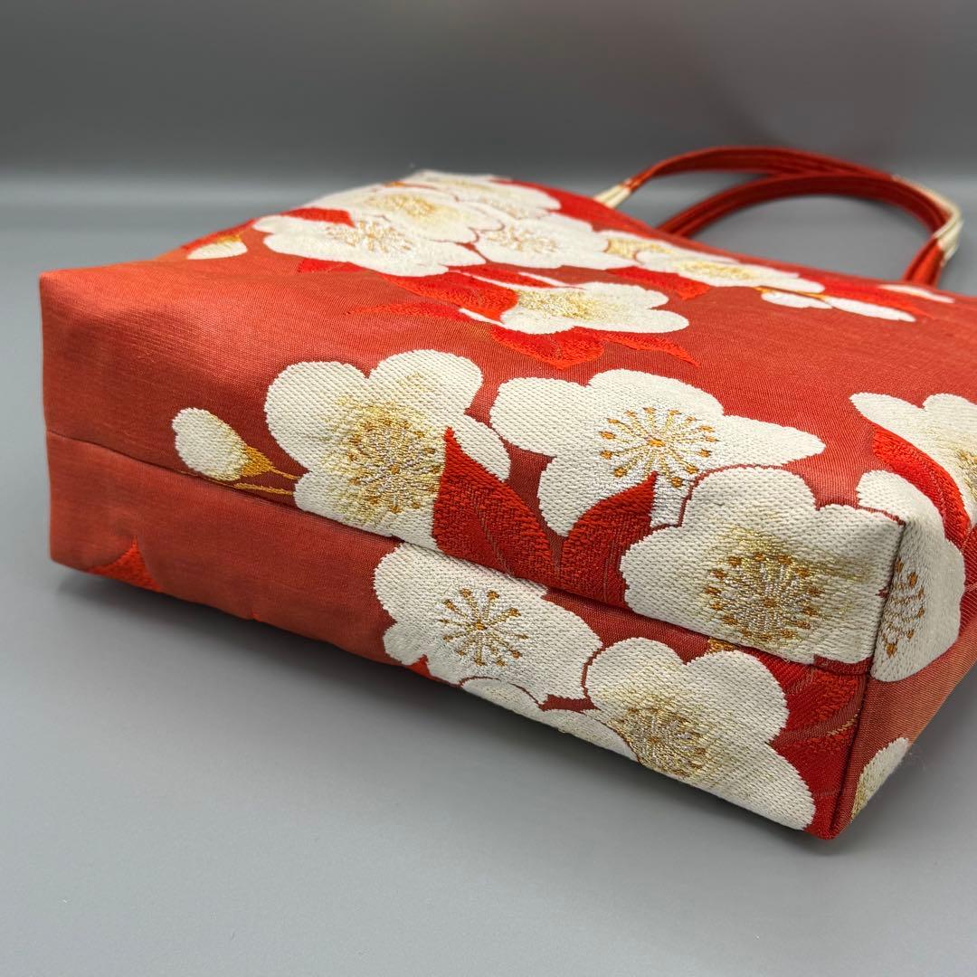 【おまとめ専用】帯 リメイク トートバッグ 赤 梅 /シルバー 鶴