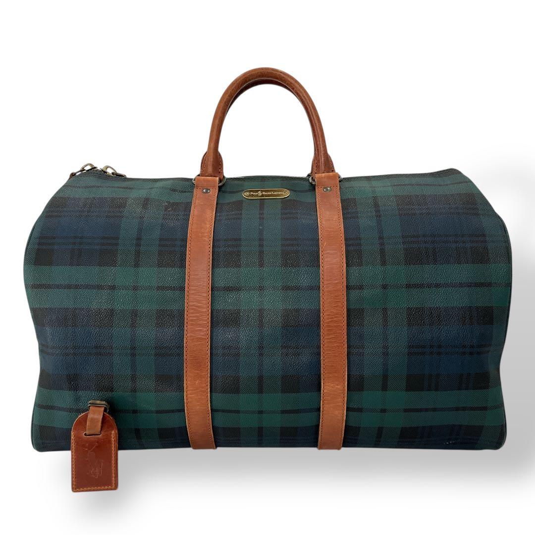 ポロラルフローレン　ボストンバッグ　旅行カバン　チェック　ロゴプレート　グリーン