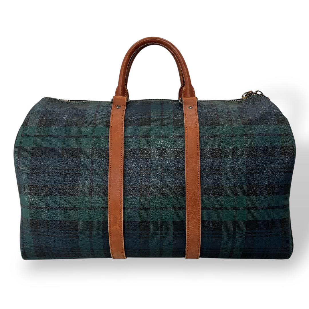 ポロラルフローレン　ボストンバッグ　旅行カバン　チェック　ロゴプレート　グリーン