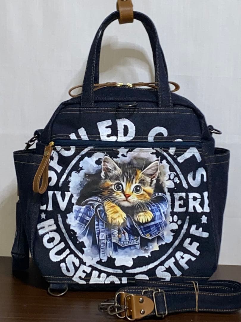 ☆岡山デニム☆ステンシル☆トラネコ☆リュック対応☆4wayボストンバッグ