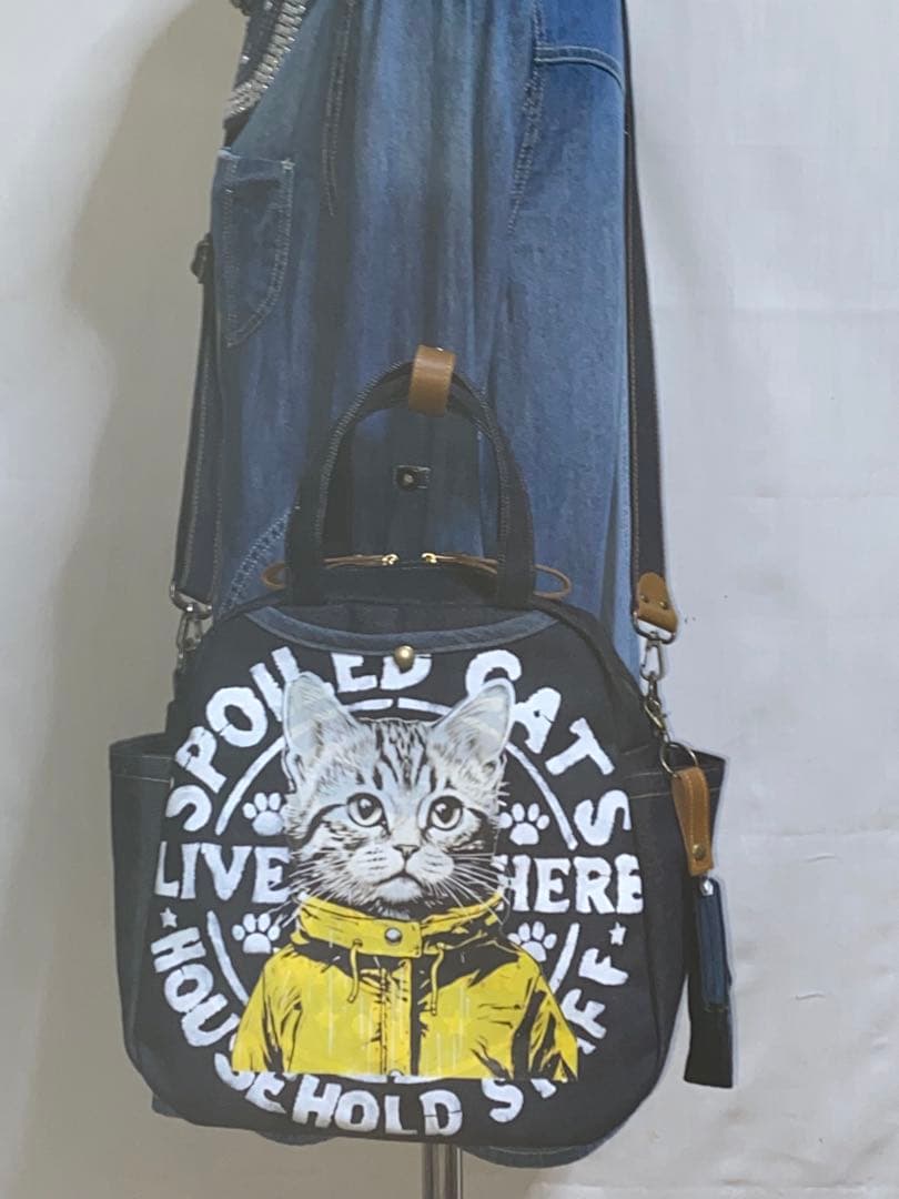 ☆岡山デニム☆ステンシル☆トラネコ☆リュック対応☆4wayボストンバッグ