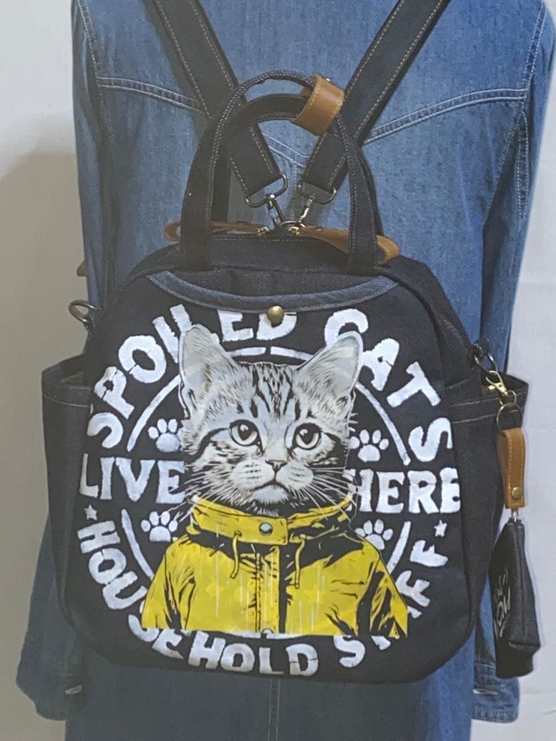 ☆岡山デニム☆ステンシル☆トラネコ☆リュック対応☆4wayボストンバッグ