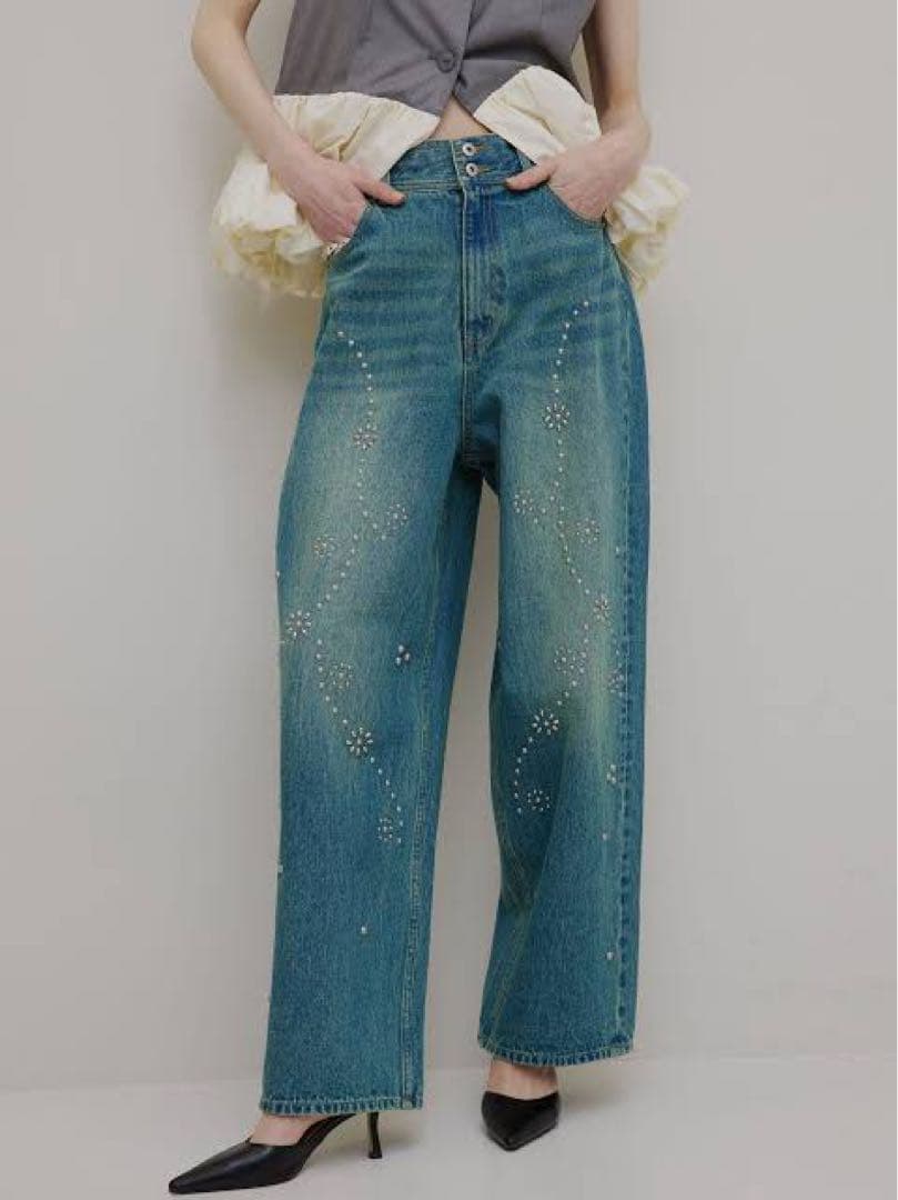 ameri アメリ STUDS STRAIGHT DENIM PANTS