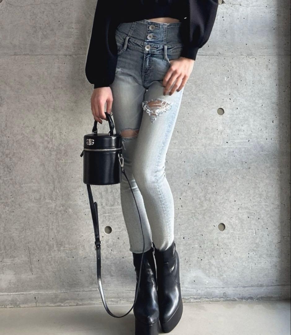 GYDA ハイウエストバッククロスダメージスキニーデニムパンツ