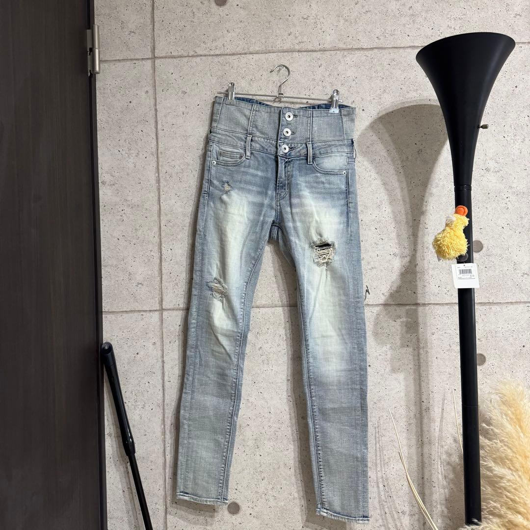 GYDA ハイウエストバッククロスダメージスキニーデニムパンツ